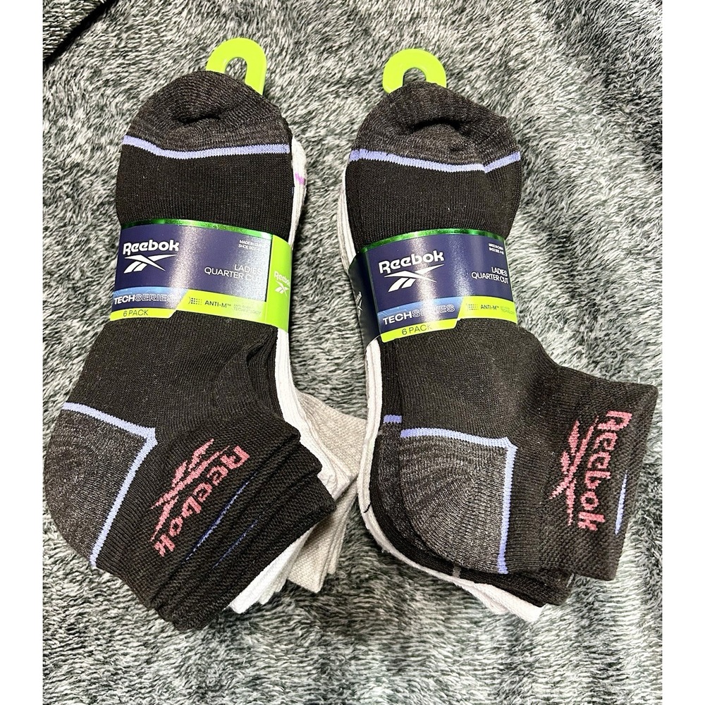 Reebok Lot of 2 Packs (6 Pairs Each) Quarter Cut Socks Size 4-10 Multicolor (YB)